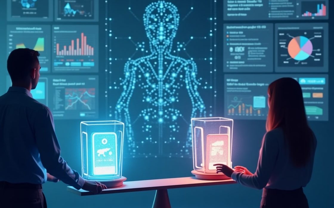 Voters using digital ballots with AI and data analytics in the background during elections 2025