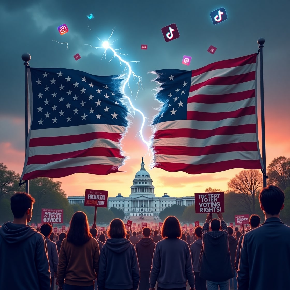 Symbolic image of the 2024 US Election aftermath showing political polarization, AI data projection, youth activism, and Capitol Hill in turmoil.