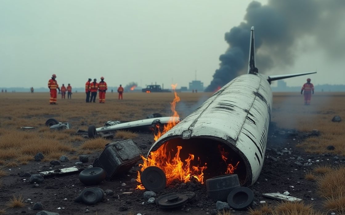 Air India Boeing 787 crash site near Ahmedabad with burning debris and rescue teams