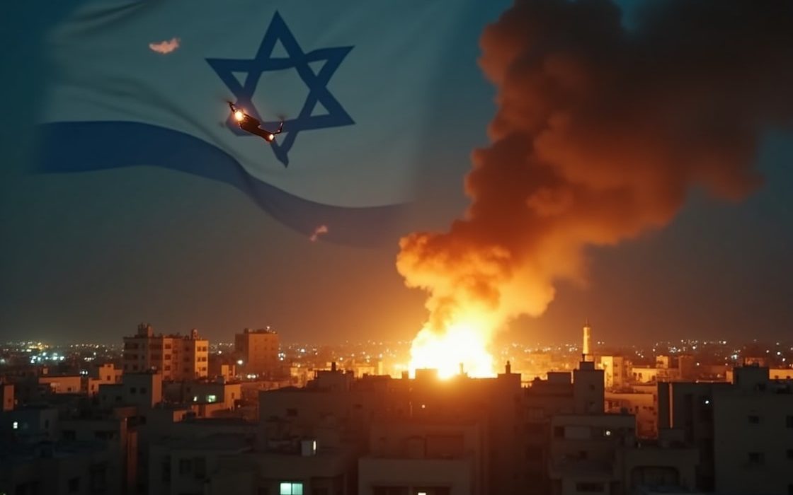 Israeli drone strike during Operation Rising Lion targeting Iranian military sites in 2025 amid rising Middle East tensions.