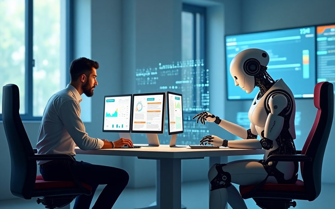 Illustration of a human and robot working side by side in a futuristic office, symbolizing AI and the future of jobs in 2025.