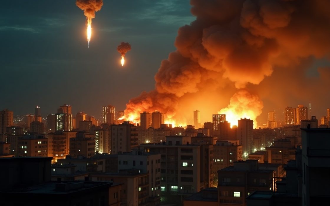 Smoke rises over city skyline during missile exchange in Iran–Israel conflict 2025