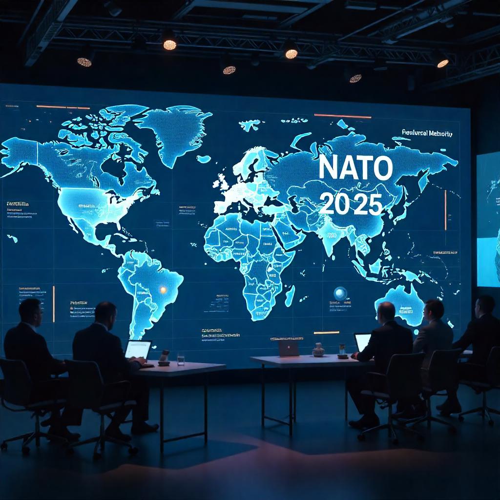 Visual representation of NATO Future in 2025 with global map, military alliance symbols, and digital journalism theme