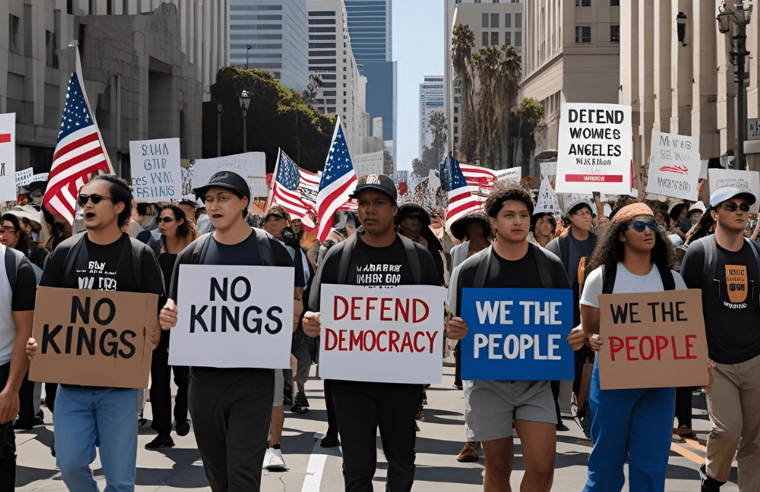 Thousands join No Kings Day protest in downtown Los Angeles, holding signs for democracy and civil rights