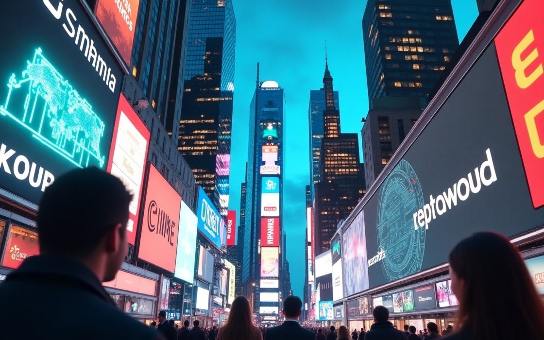 A futuristic Wall Street scene in 2025, highlighting the Tech IPO Buzz 2025 with digital tickers, Chime and AI company logos, and glowing stock charts symbolizing the return of investor confidence.