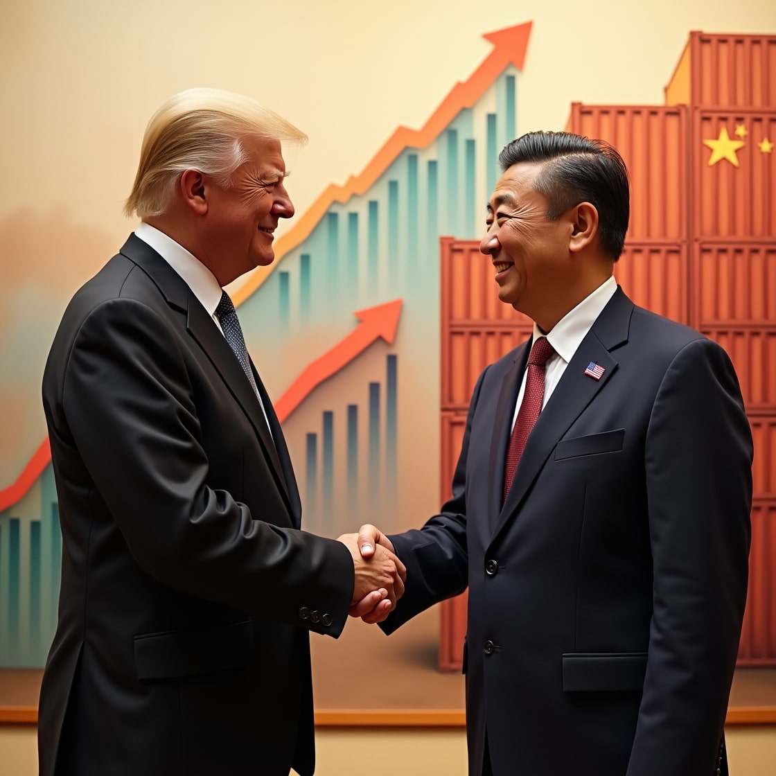 U.S. and China leaders shaking hands over new 2025 trade agreement with global trade icons in the background.