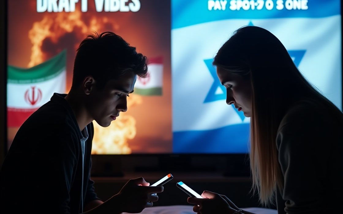 Gen Z scrolling phones as WWIII memes about Iran and Israel fill social media; war and humor collide in a digital world.