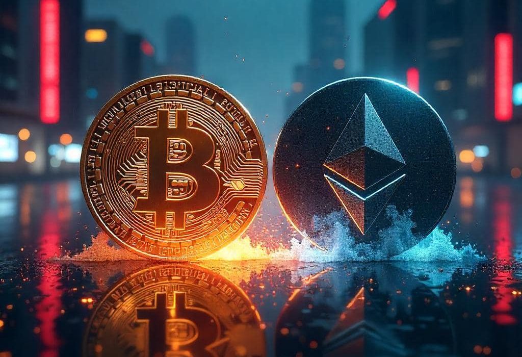 Bitcoin and Ethereum battle for dominance in 2025 crypto market, with price trends and blockchain innovations.