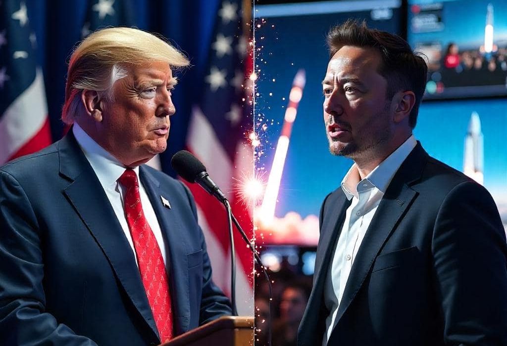 Trump vs Elon Musk split-screen illustration showing Trump speaking at a political rally with American flags, and Musk surrounded by digital screens, rockets, and the X logo symbolizing their 2025 billionaire feud.