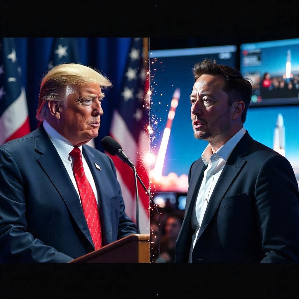 Trump vs Elon Musk split-screen illustration showing Trump speaking at a political rally with American flags, and Musk surrounded by digital screens, rockets, and the X logo symbolizing their 2025 billionaire feud.